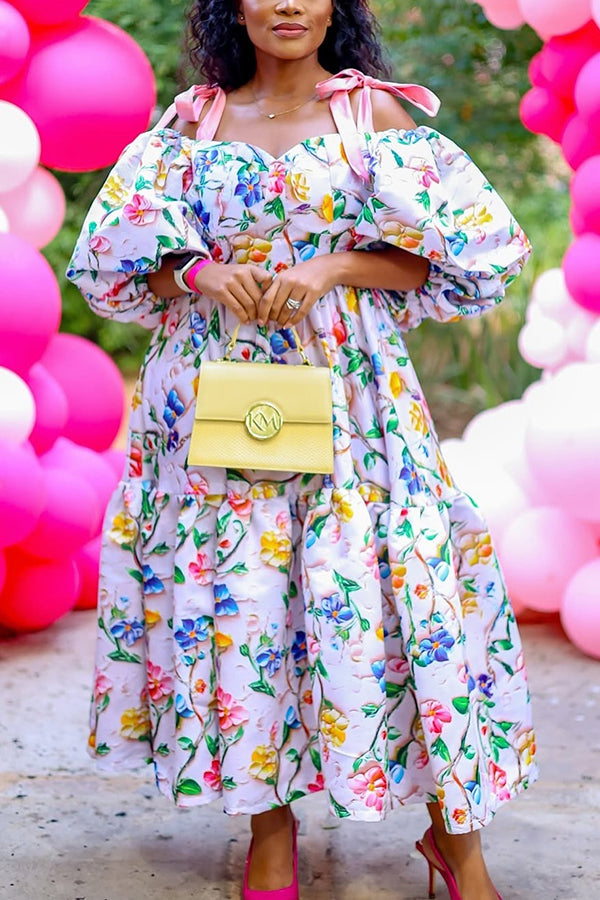  Elegant Shoulder Tie Print Midi Dress