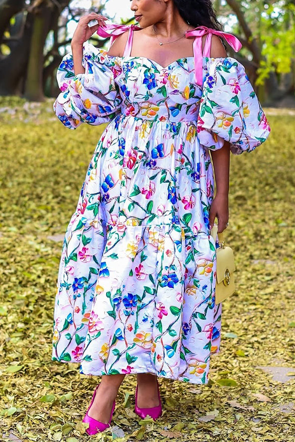  Elegant Shoulder Tie Print Midi Dress