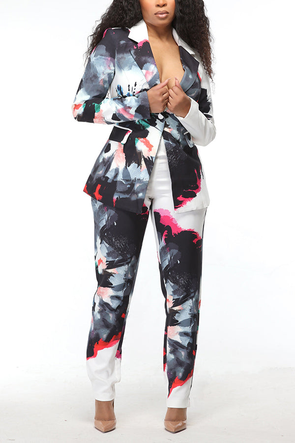 Stylish Multi Color Splatter Blazer & Pants Set