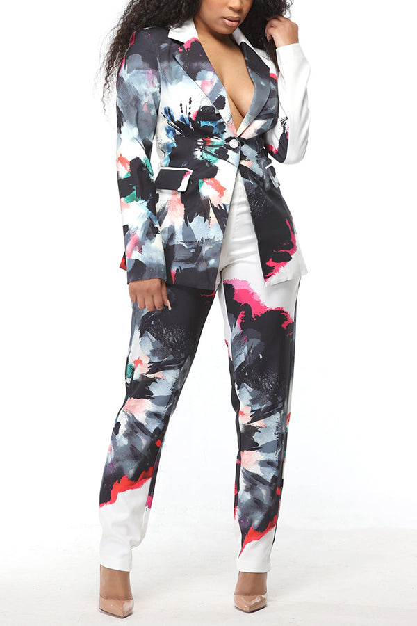 Stylish Multi Color Splatter Blazer & Pants Set