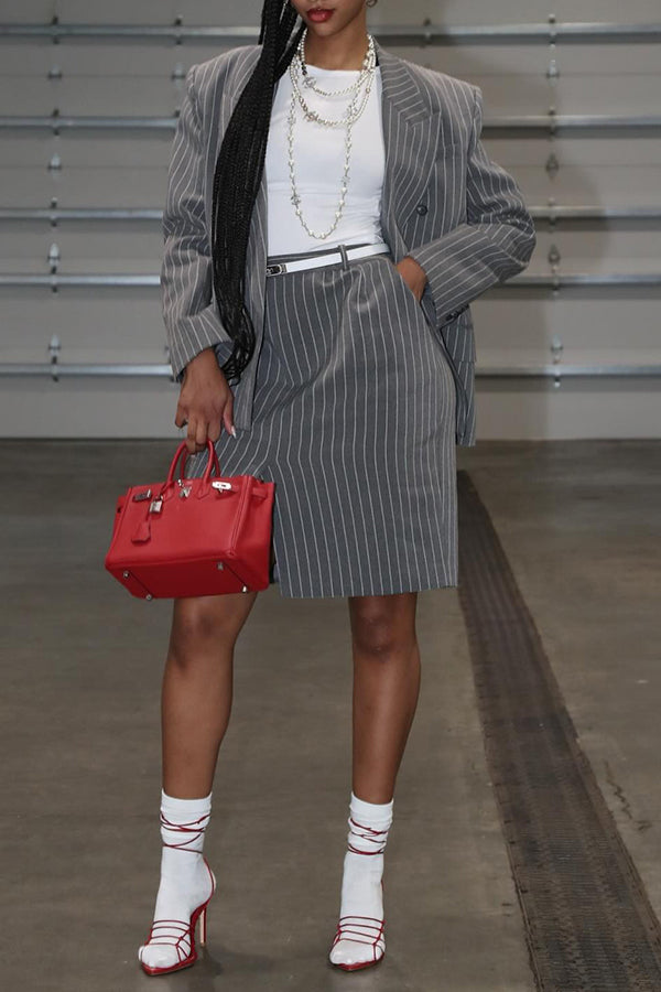 Classic Striped Peaked Lapel Blazer & Skirt Set