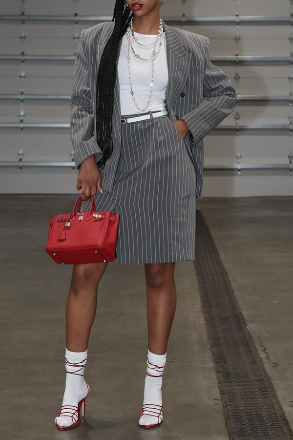 Classic Striped Peaked Lapel Blazer & Skirt Set
