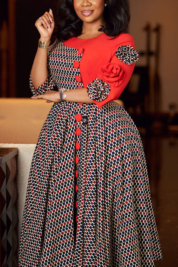 Chic 3D Flower Plaid A-line Dress