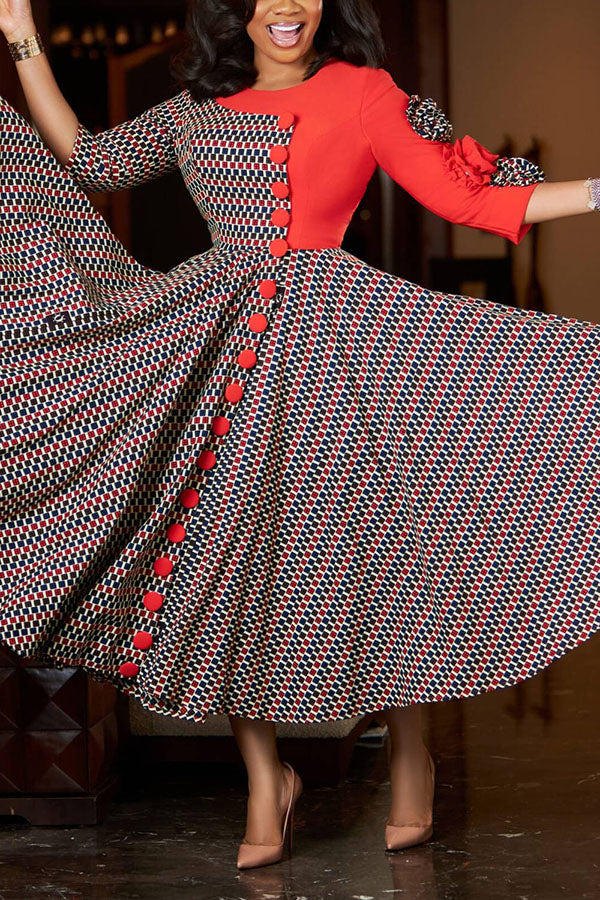 Chic 3D Flower Plaid A-line Dress