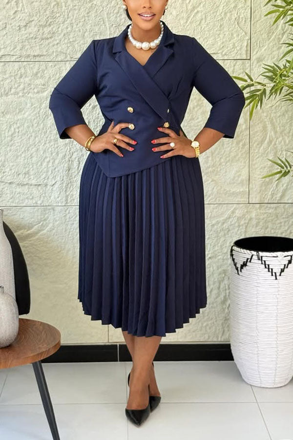 Elegant Double-breasted Pleated Midi Dress