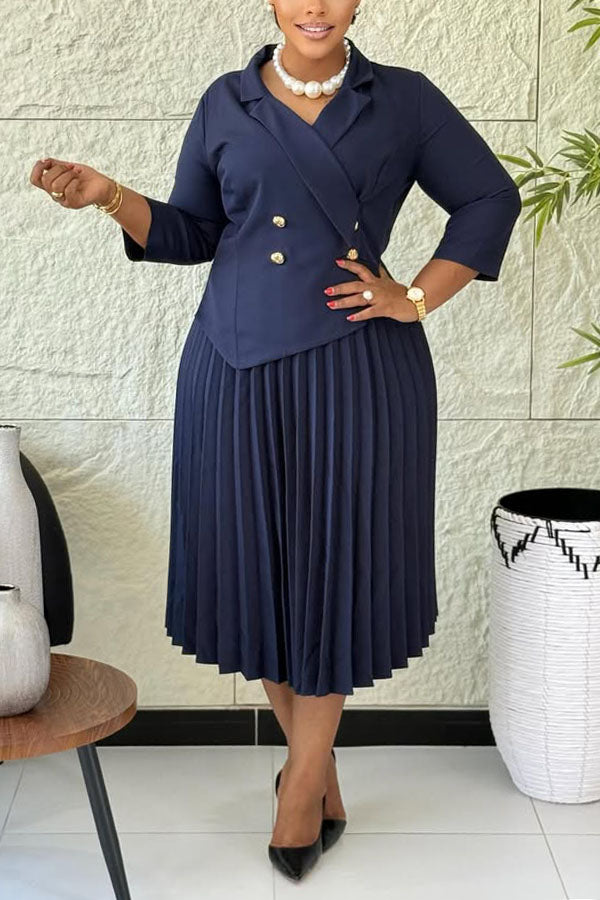 Elegant Double-breasted Pleated Midi Dress