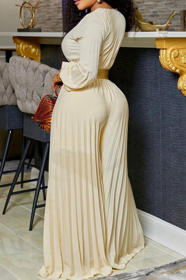 Self Tie Pleated Wide Leg Jumpsuit