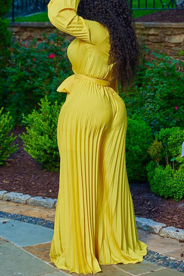 Self Tie Pleated Wide Leg Jumpsuit