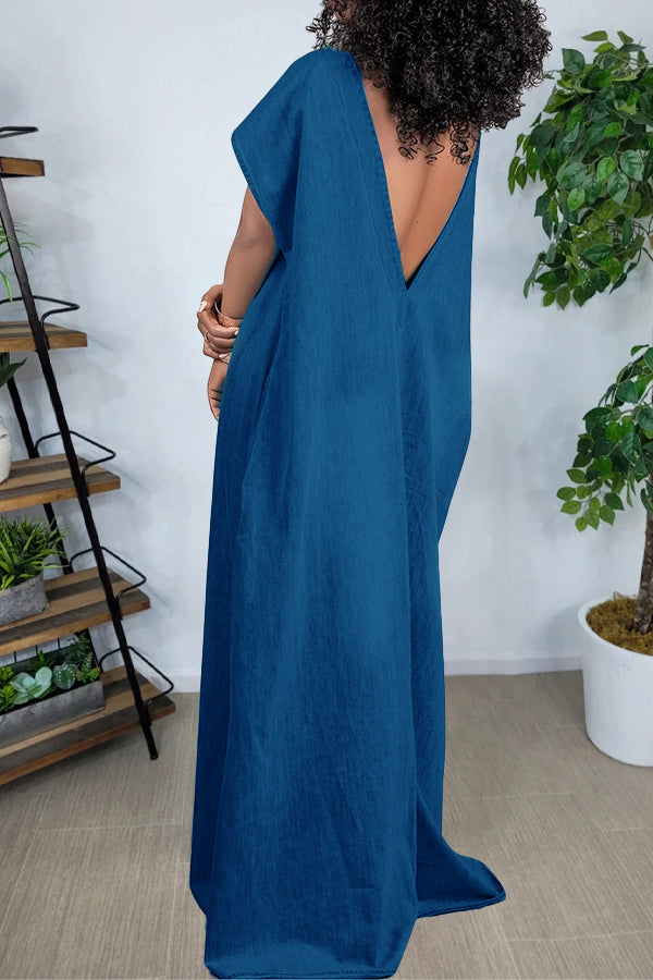 Vintage V-Cut Back Denim Maxi Dress