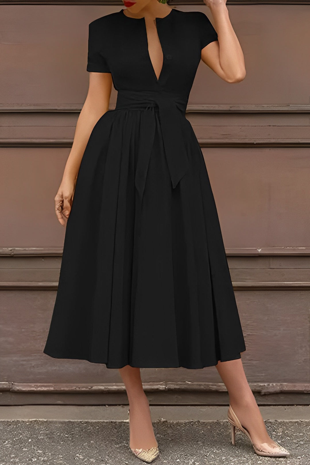 V-Neck Ruched Belted Midi Dress