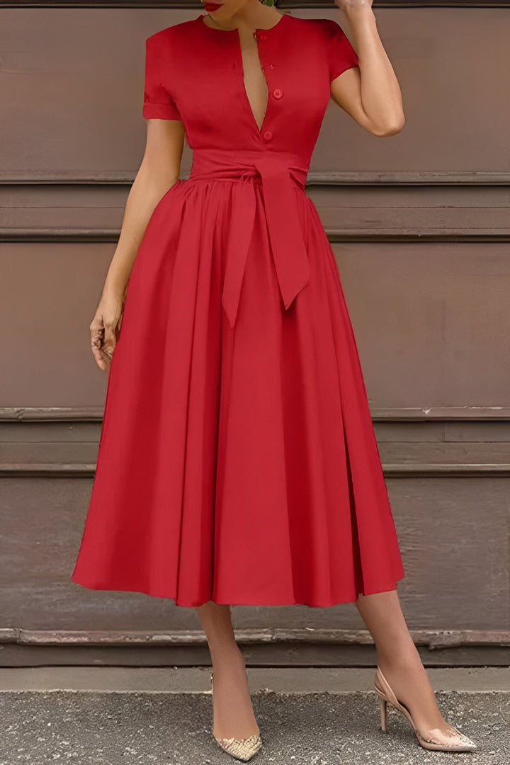 V-Neck Ruched Belted Midi Dress