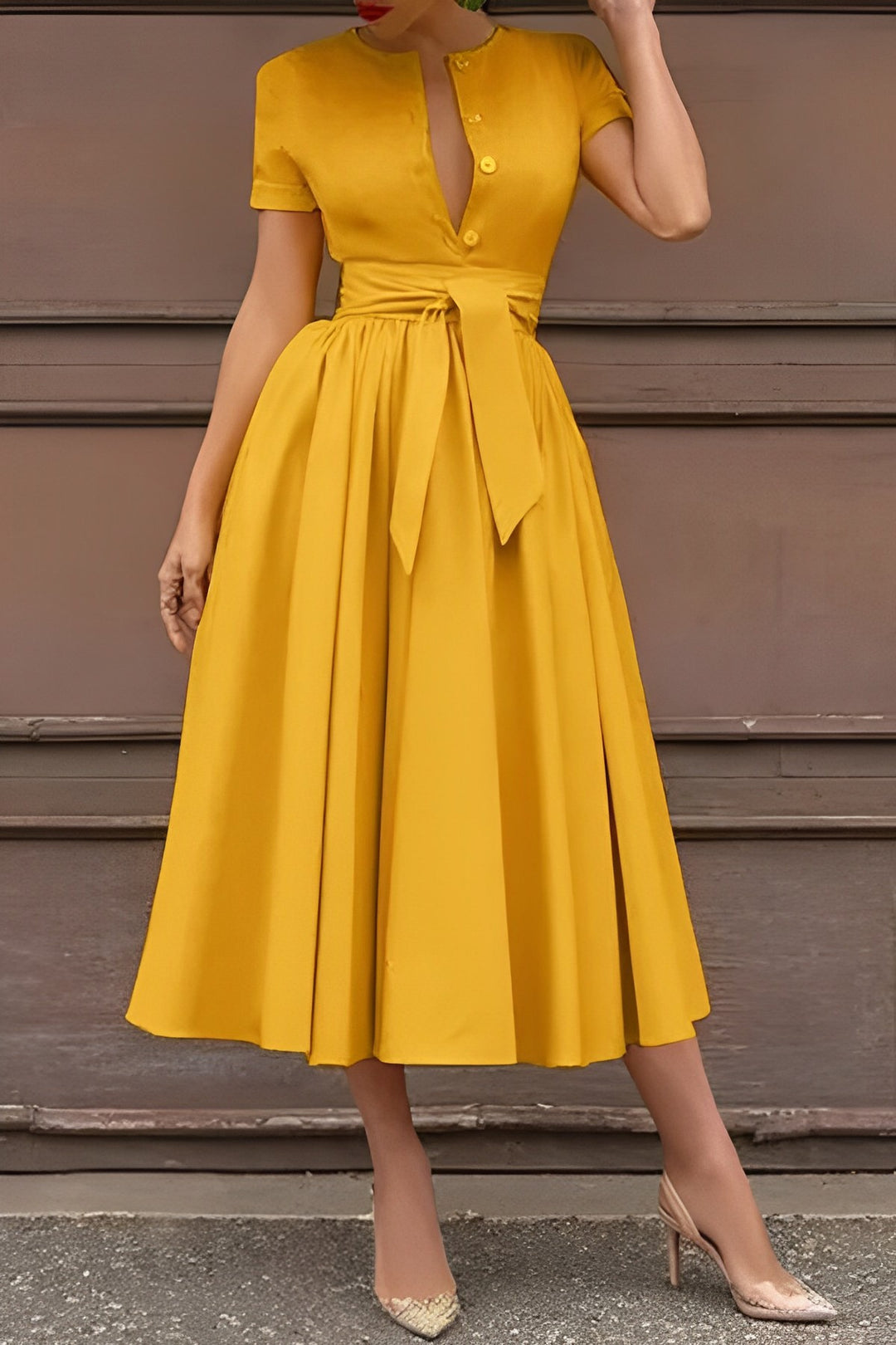 V-Neck Ruched Belted Midi Dress