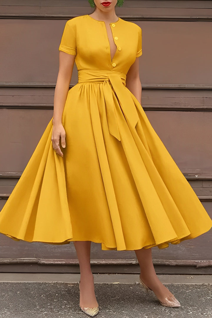 V-Neck Ruched Belted Midi Dress