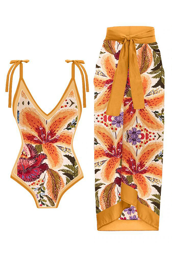 Stylish Slim One-Piece Swimsuit & Cover-Up Skirt Set