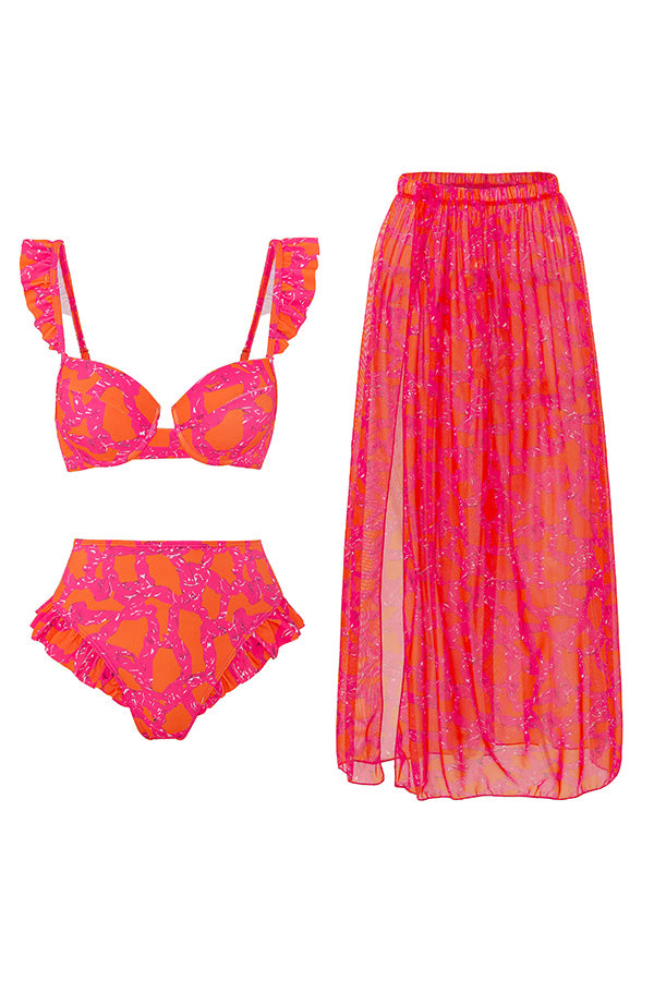 Allover Print Flutter Top & Skirt Three-piece Set