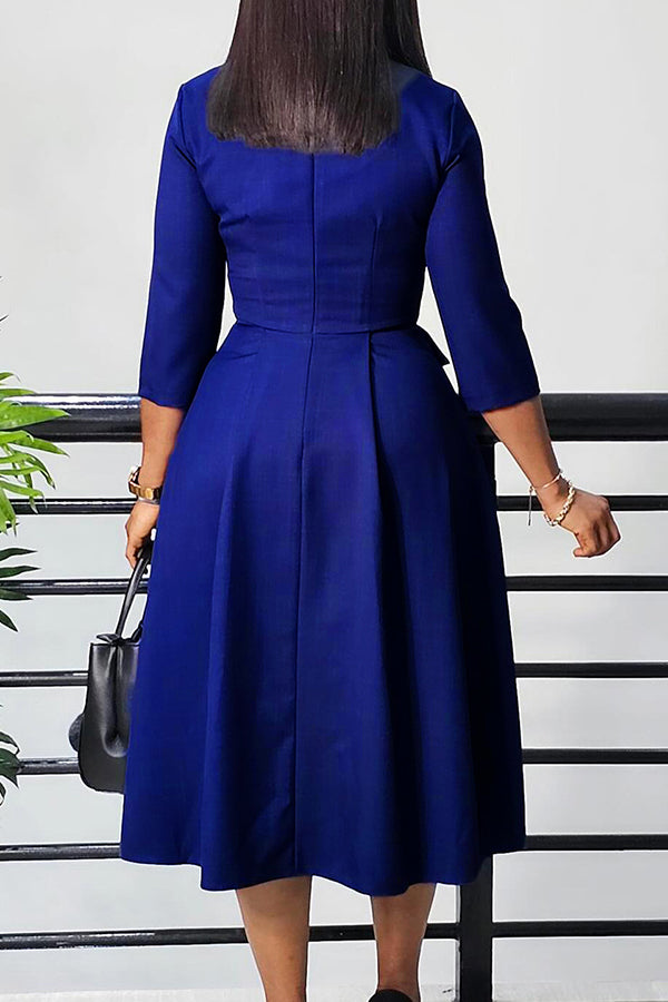 Elegant V Cut 3/4 Sleeve Pleated Midi Dress