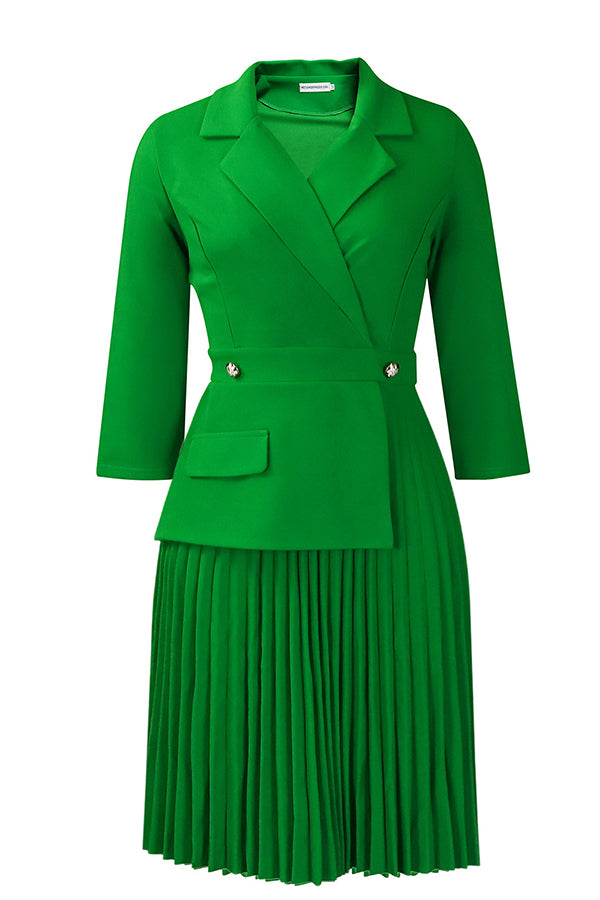 Lapel Neck Pleated Midi Dress