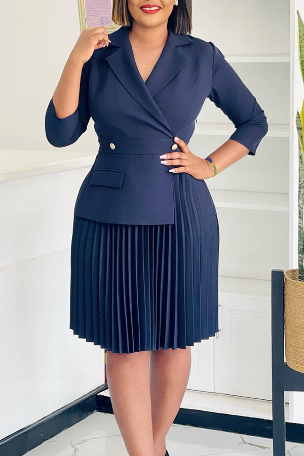 Lapel Neck Pleated Midi Dress