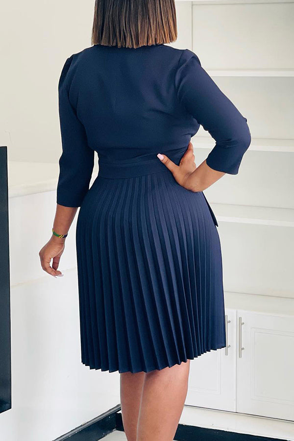 Lapel Neck Pleated Midi Dress