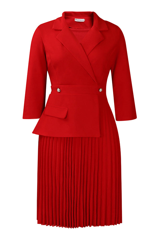 Lapel Neck Pleated Midi Dress