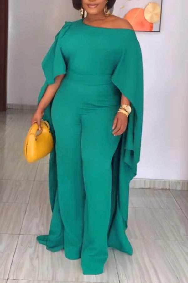 Fashionable Cape Slanted Shoulder Jumpsuit*
