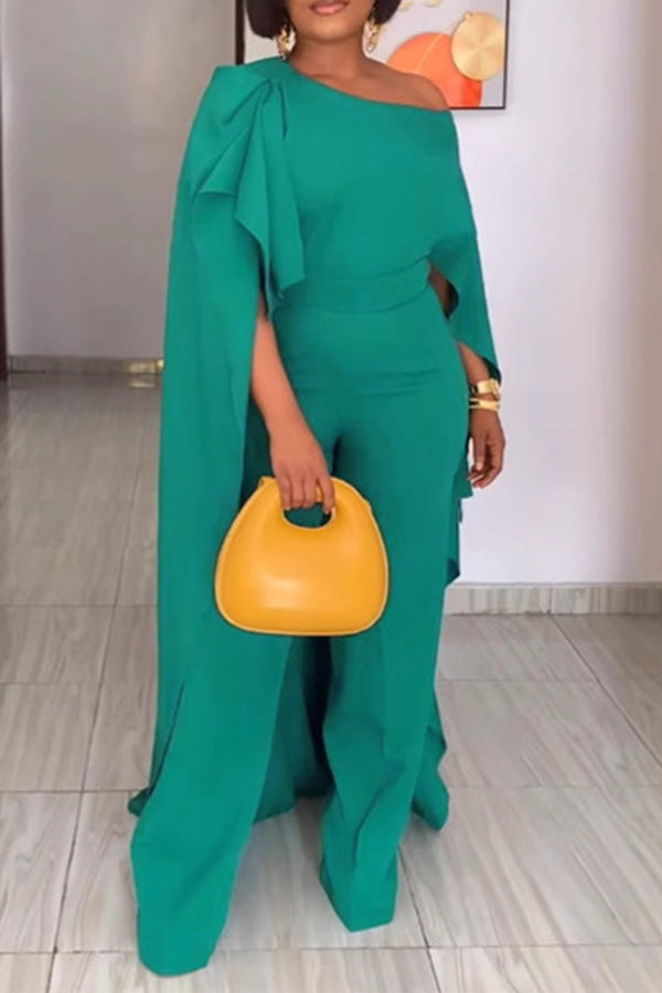Fashionable Cape Slanted Shoulder Jumpsuit*