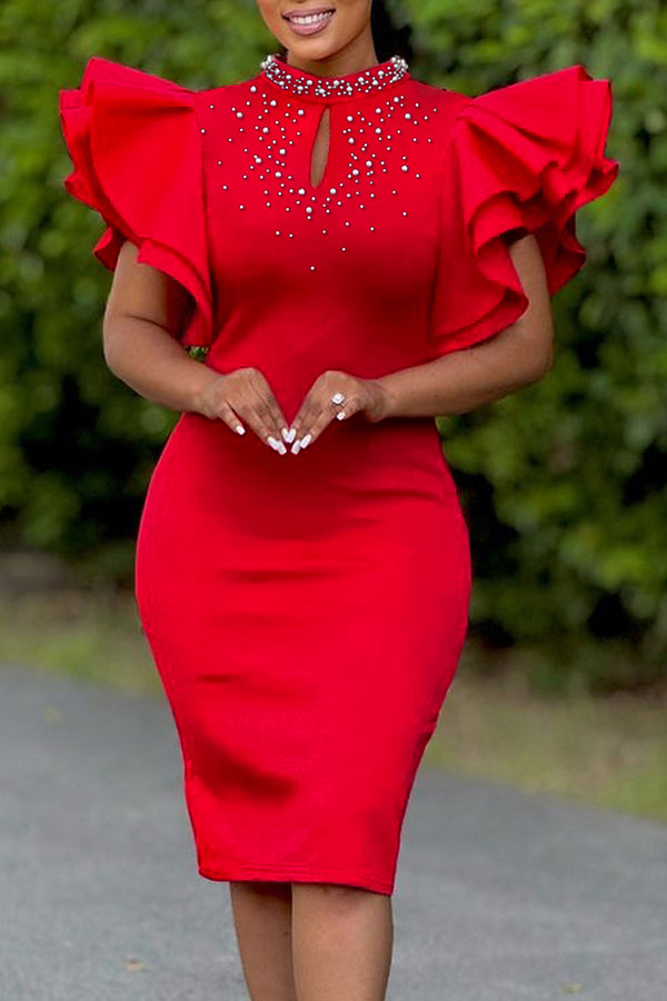 Elegant Layered Ruffle Sleeve Rhinestone Dress*