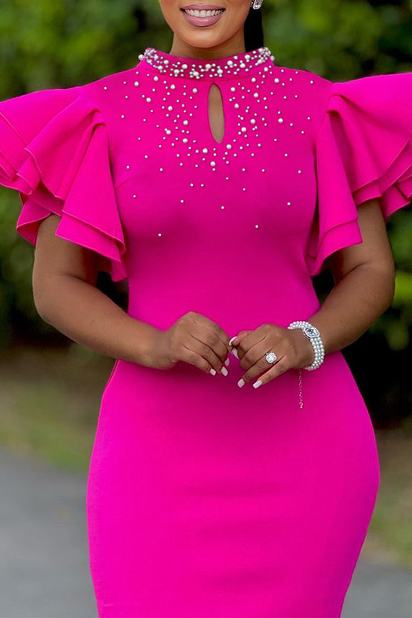 Elegant Layered Ruffle Sleeve Rhinestone Dress*