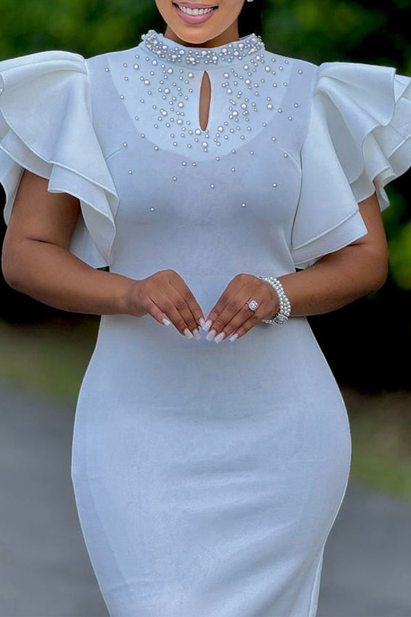 Elegant Layered Ruffle Sleeve Rhinestone Dress*