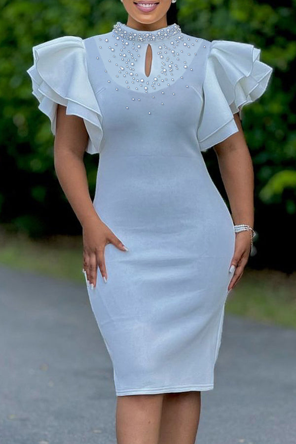 Elegant Layered Ruffle Sleeve Rhinestone Dress*