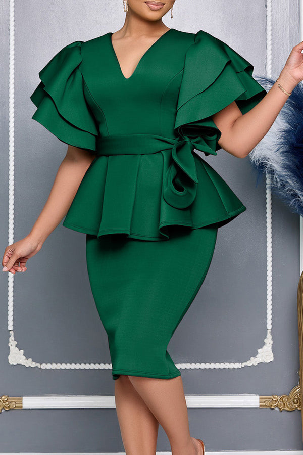 Vintage Layered Ruffle Sleeve Dress With Belt*
