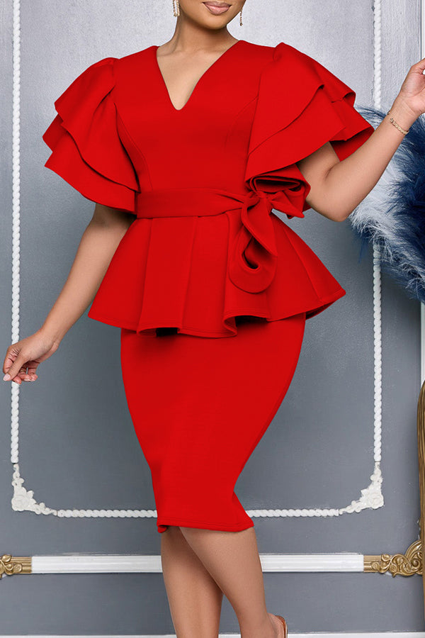Vintage Layered Ruffle Sleeve Dress With Belt*