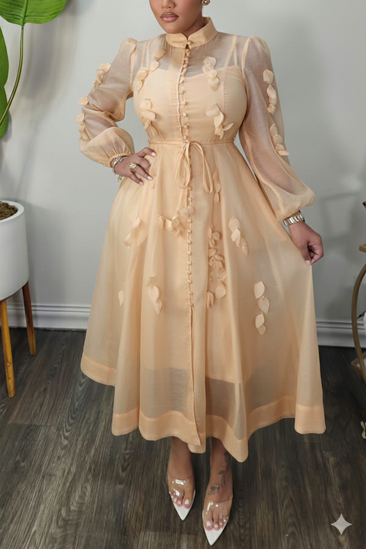 High Neck Hollow Out Lantern Sleeve Dress