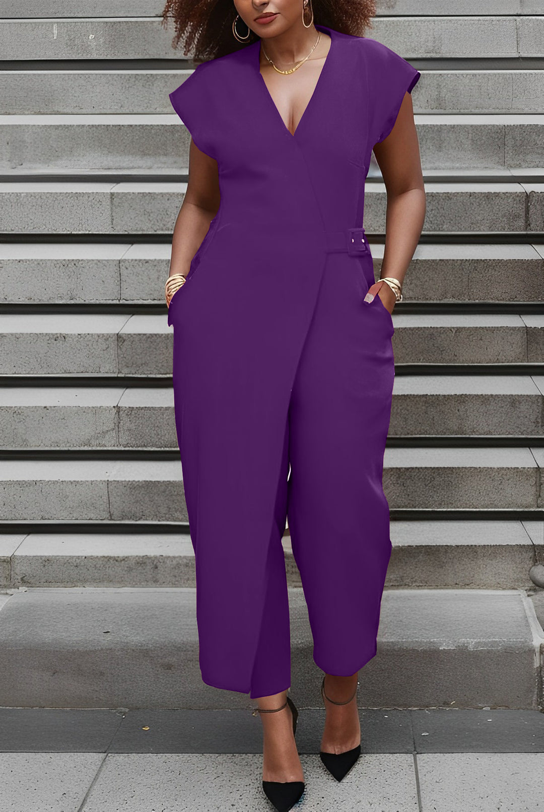 Surplice Front Belted Slant Pocket Jumpsuit