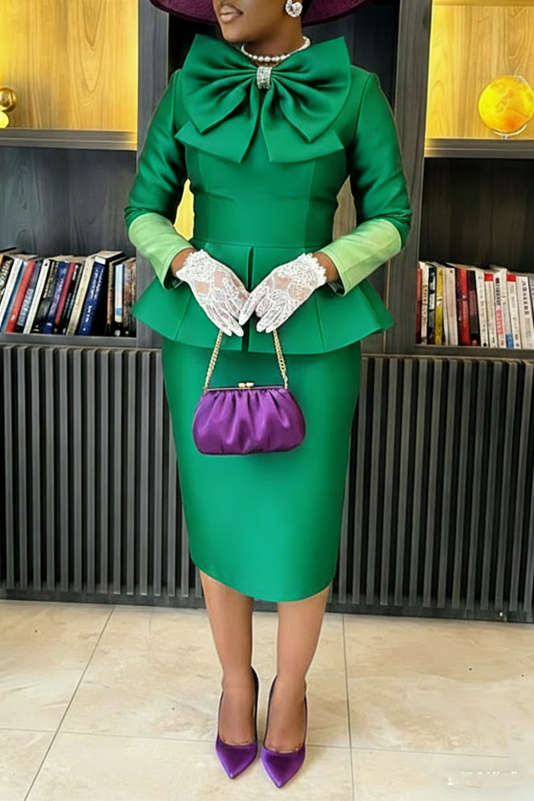 Elegant Bow Trimmed Colorblock Pencil Dress