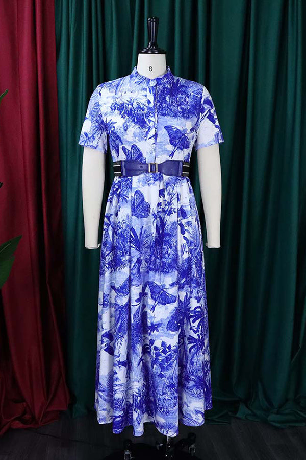 Vintage Short Sleeve Printed Pleated Dress