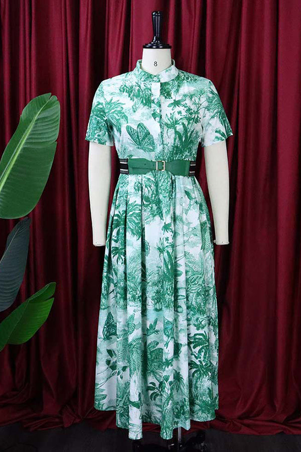 Vintage Short Sleeve Printed Pleated Dress