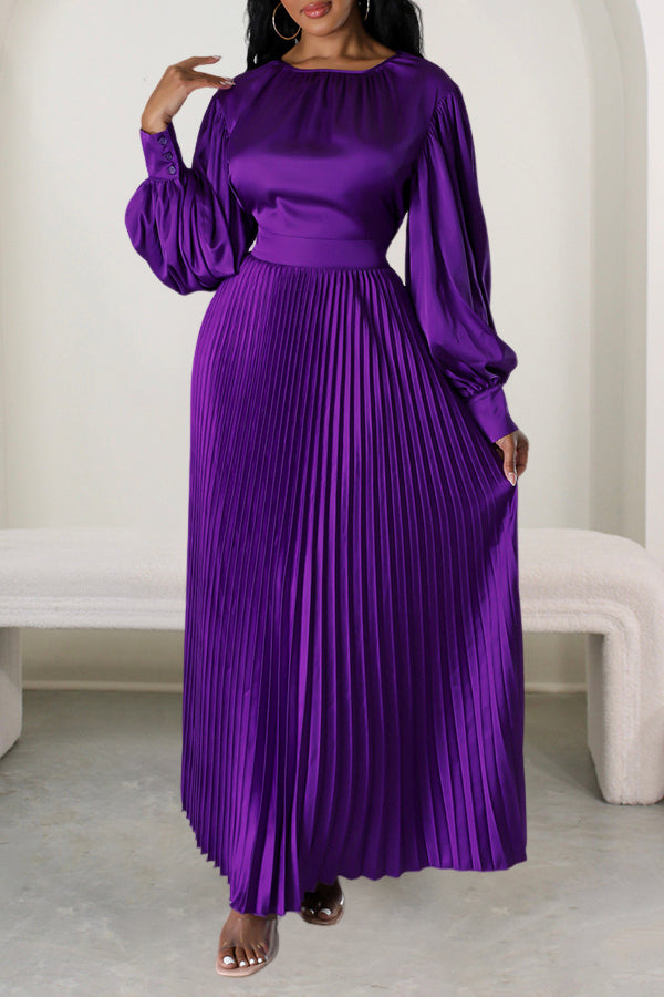 Satin Lantern Sleeve Pleated Maxi Dress