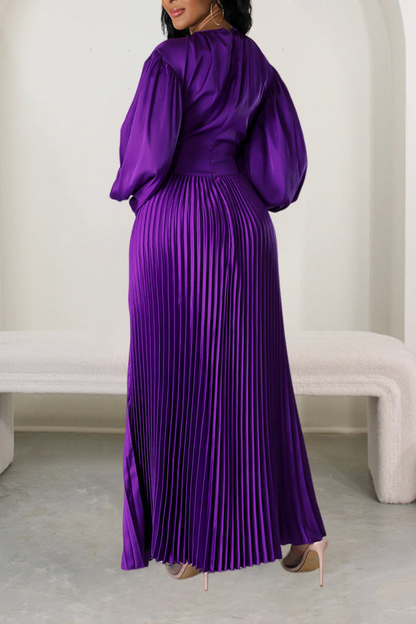 Satin Lantern Sleeve Pleated Maxi Dress