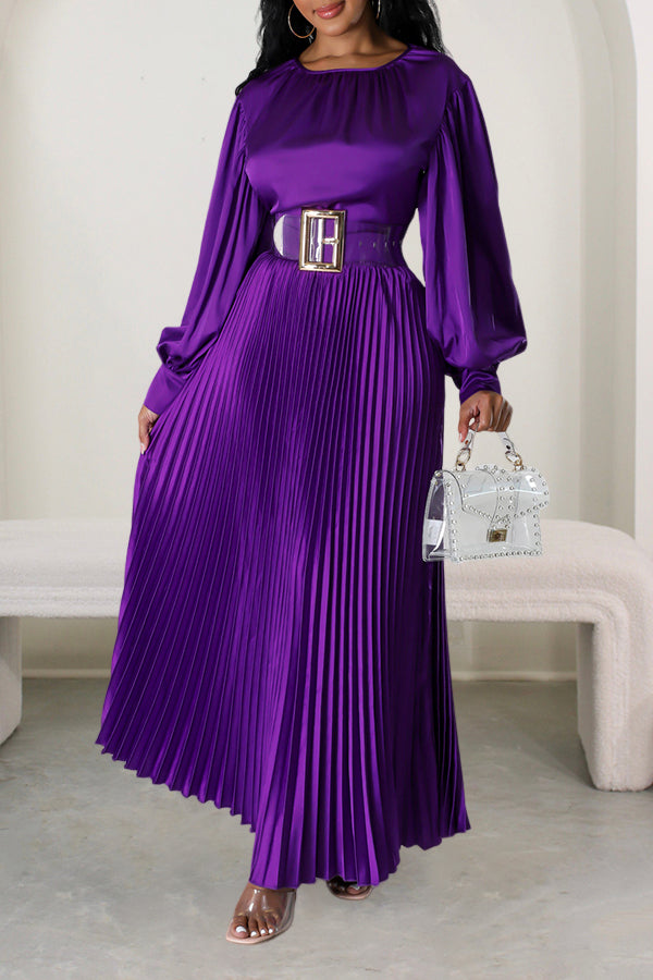 Satin Lantern Sleeve Pleated Maxi Dress