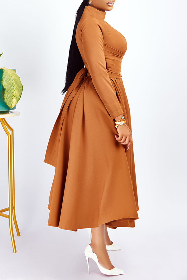 Elegant Mock Neck Cross Belt Fit & Flare Dress