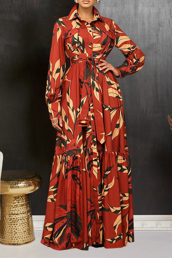 Chic Leaf Print Belted Ruffle Hem Shirt Dress