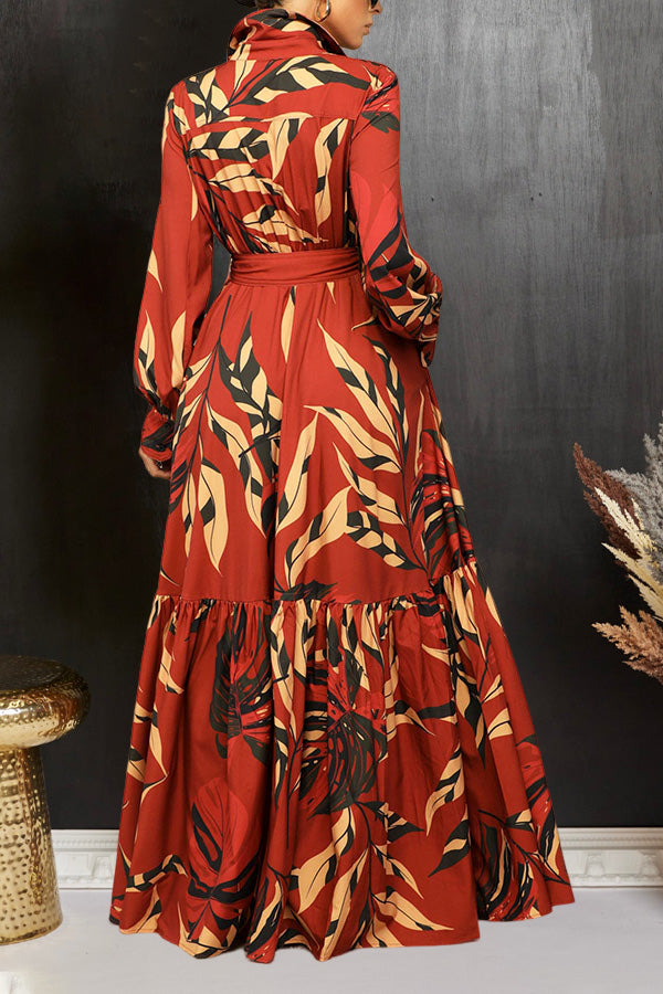 Chic Leaf Print Belted Ruffle Hem Shirt Dress