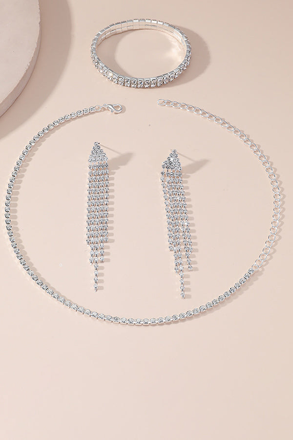 Rhinestone Choker Tassel Earrings Bracelet Set