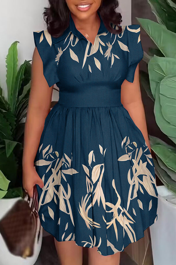 Leaf Print V-Neck Flutter Sleeve Dress