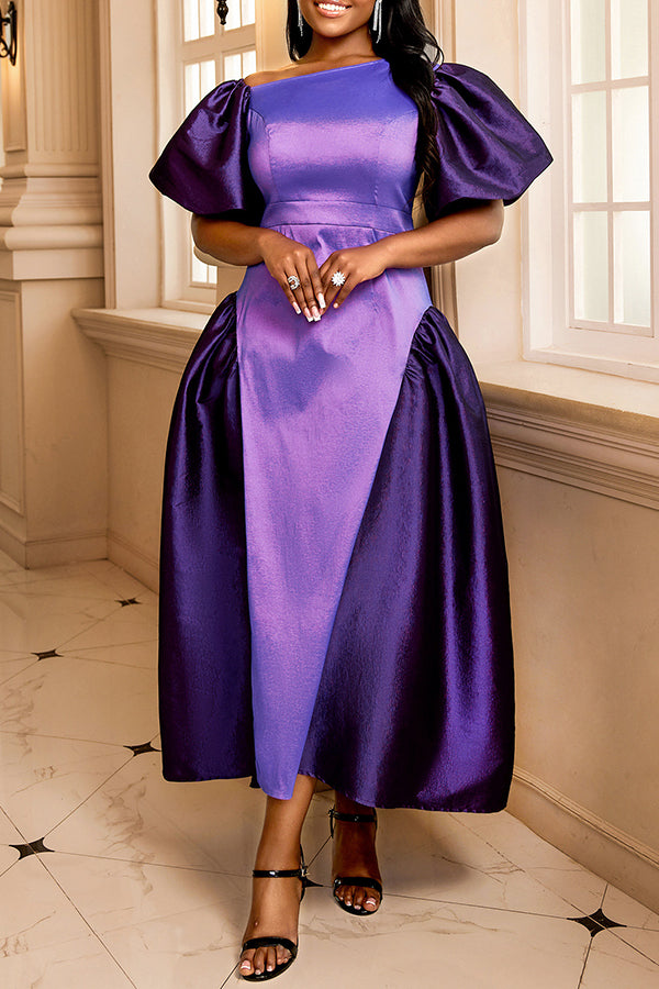 Elegant Stylish Puff Sleeve Two Tone Dress