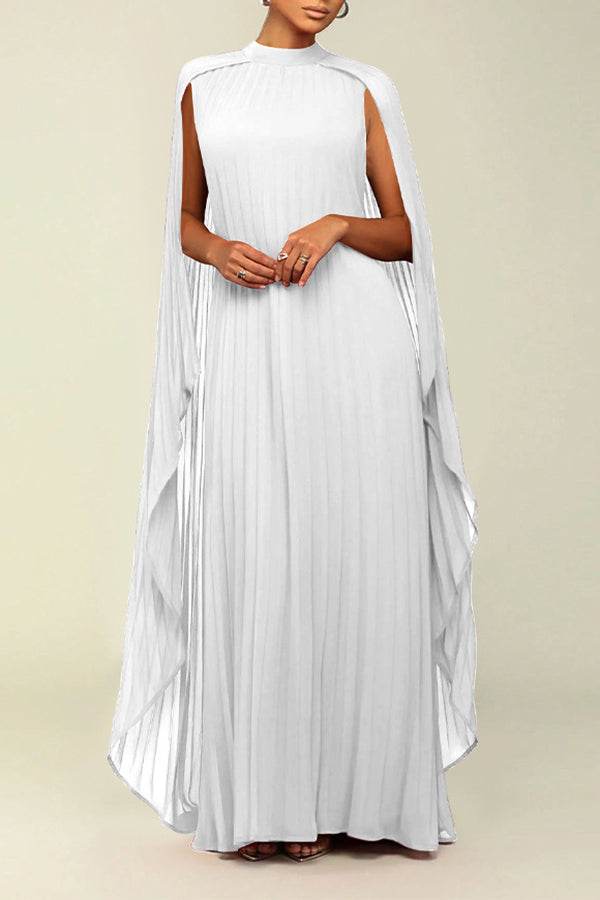 Elegant Round Neck Pleated Cape Dress