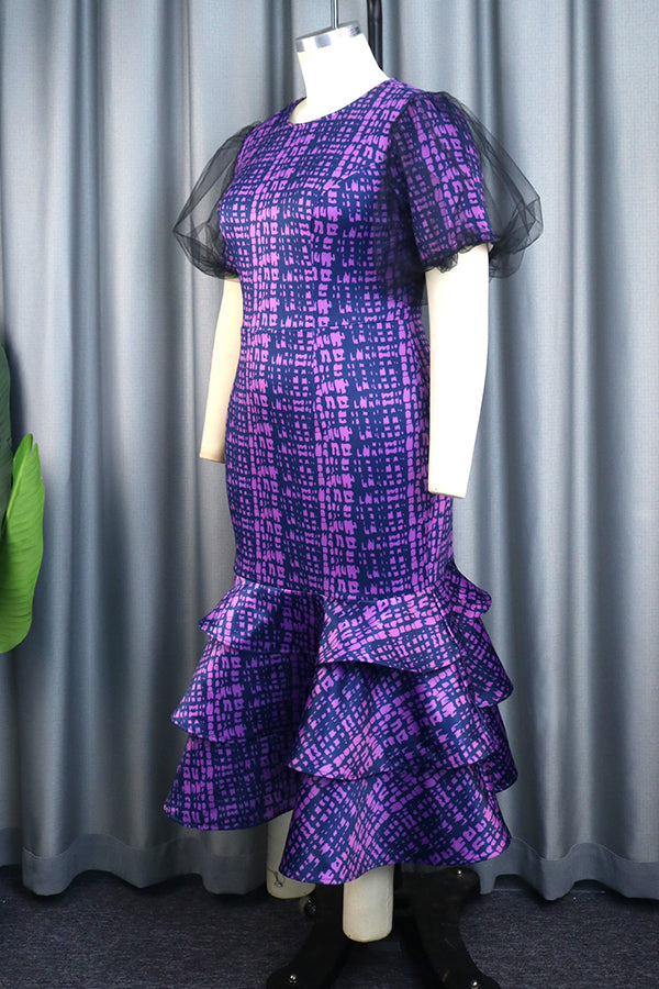 Elegant Allover Print Mesh Overlay Dress