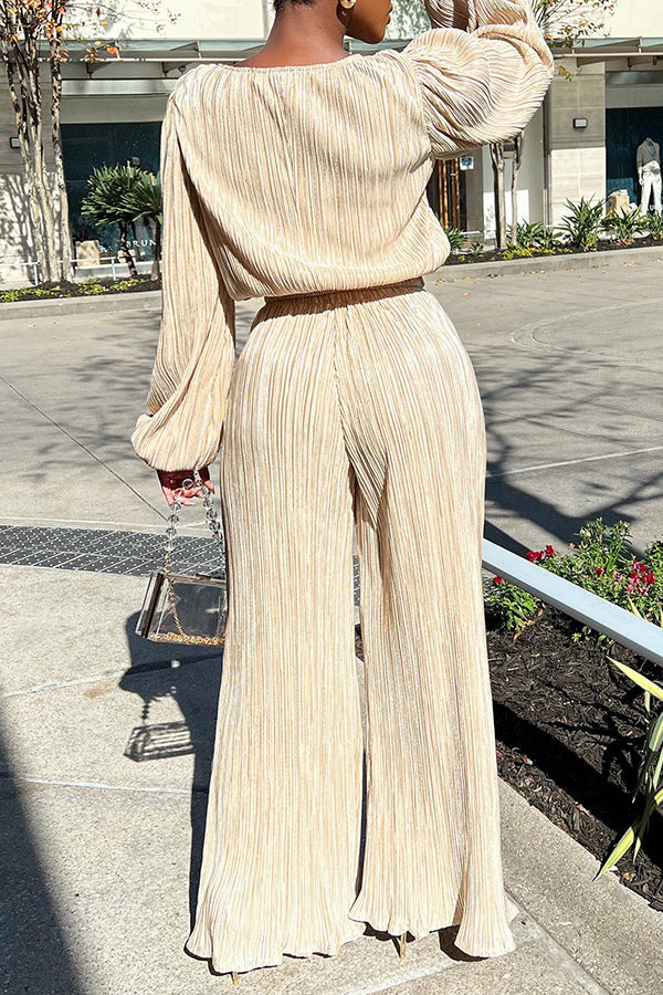 Stylish Pleated Lantern Sleeve Pants Set