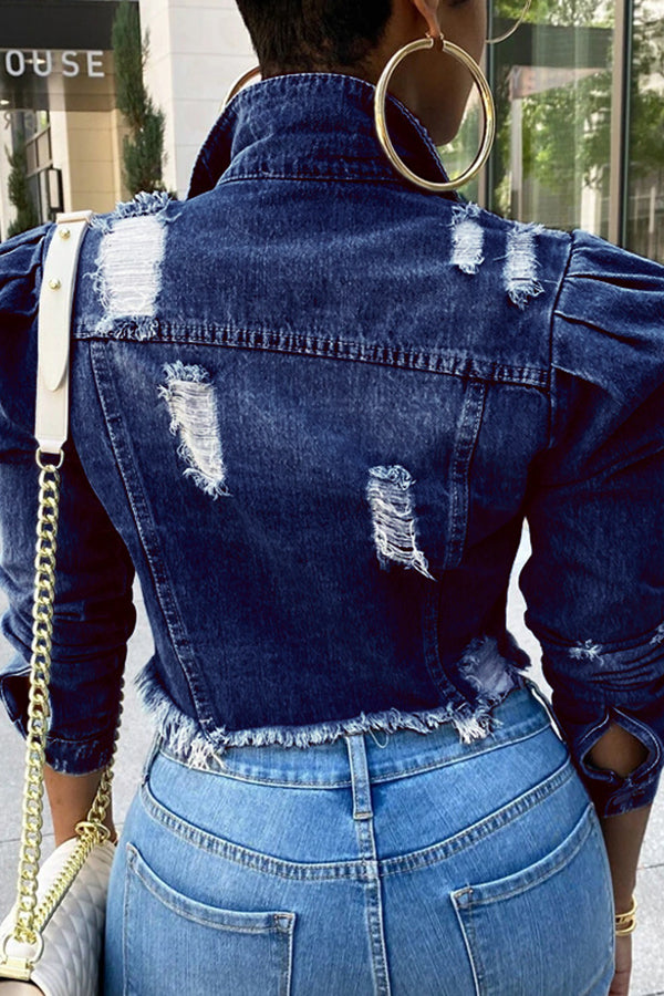 Puff Sleeve Pockets Denim Jacket